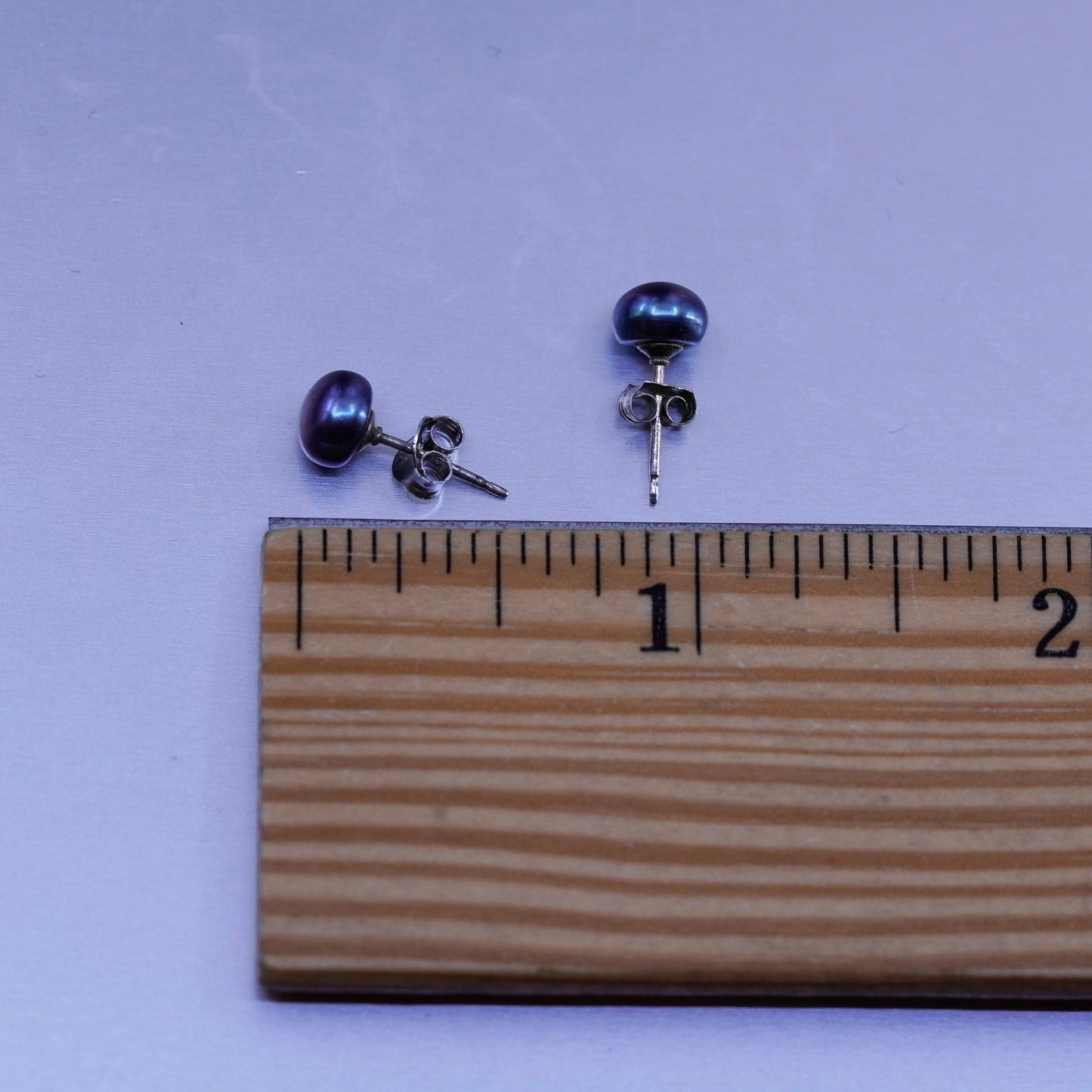 5mm, Vintage Sterling 925 silver handmade earrings, studs with black pearl