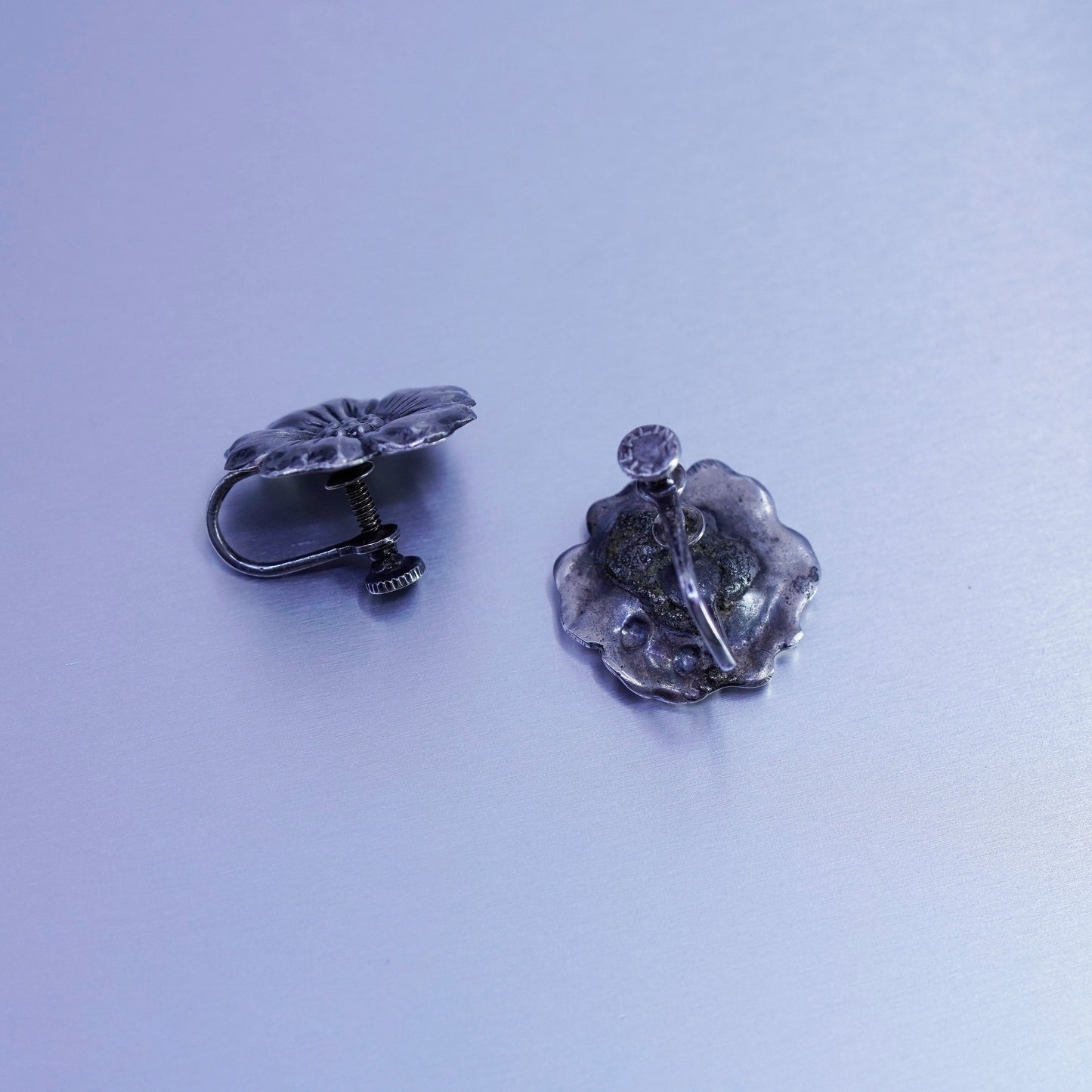 Vintage Sterling 925 silver handmade earrings, screw back flower