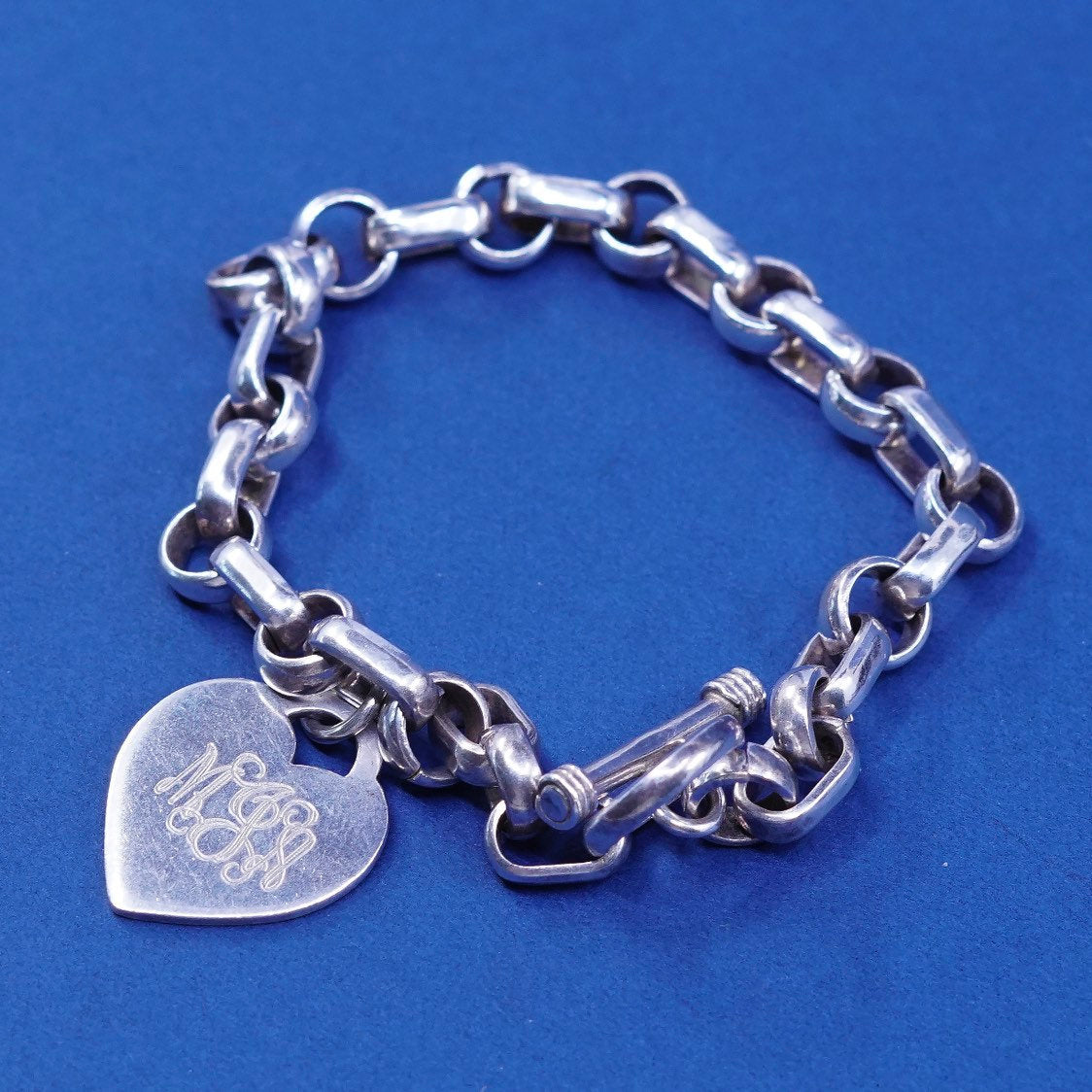 6.75", Sterling silver bracelet, 925 elongated chain w/ heart “MJA” monogram