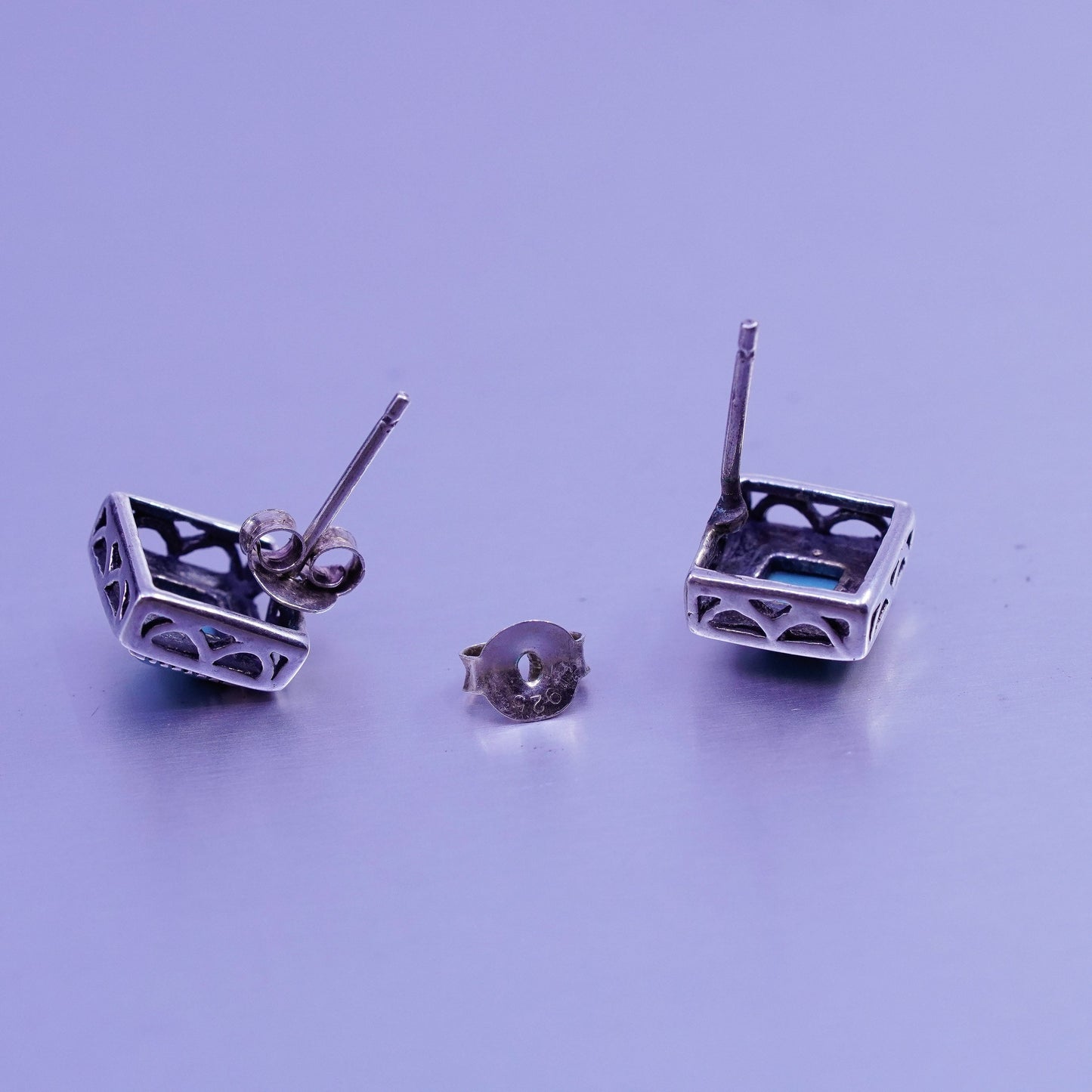 Vintage Sterling 925 silver handmade earrings, square studs with turquoise