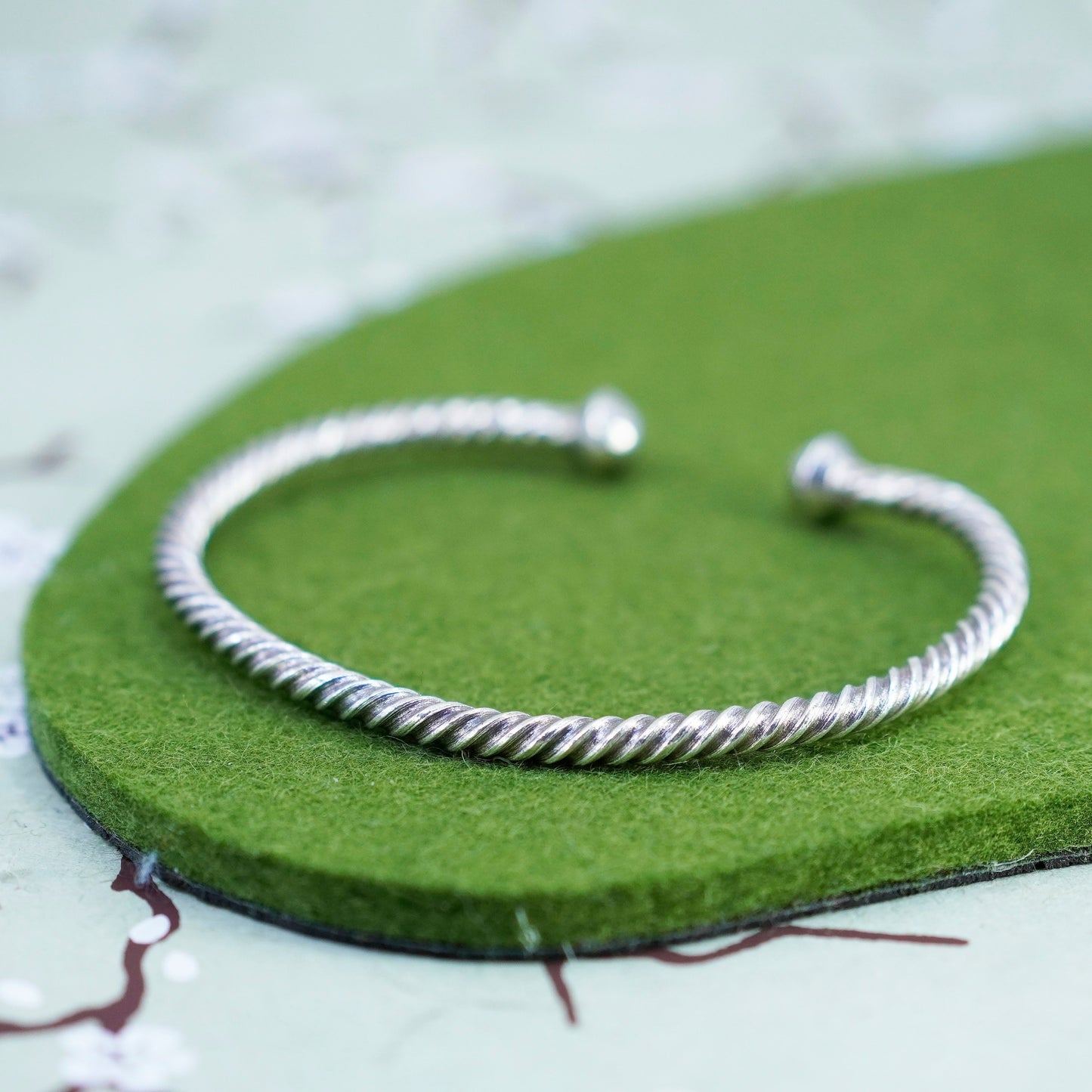 7.5”, Sterling silver bracelet, modern twisted handmade 925 cuff with beads