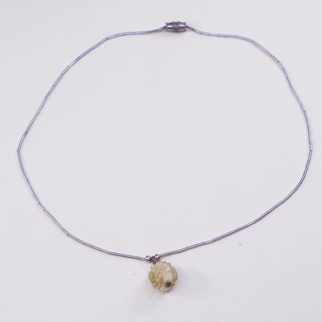 16", vtg sterling liquid silver Handmade chain w/ craved flower bone pendant