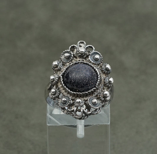 sz 7, sterling silver handmade ring, southwestern 925 w/ black stone N beads