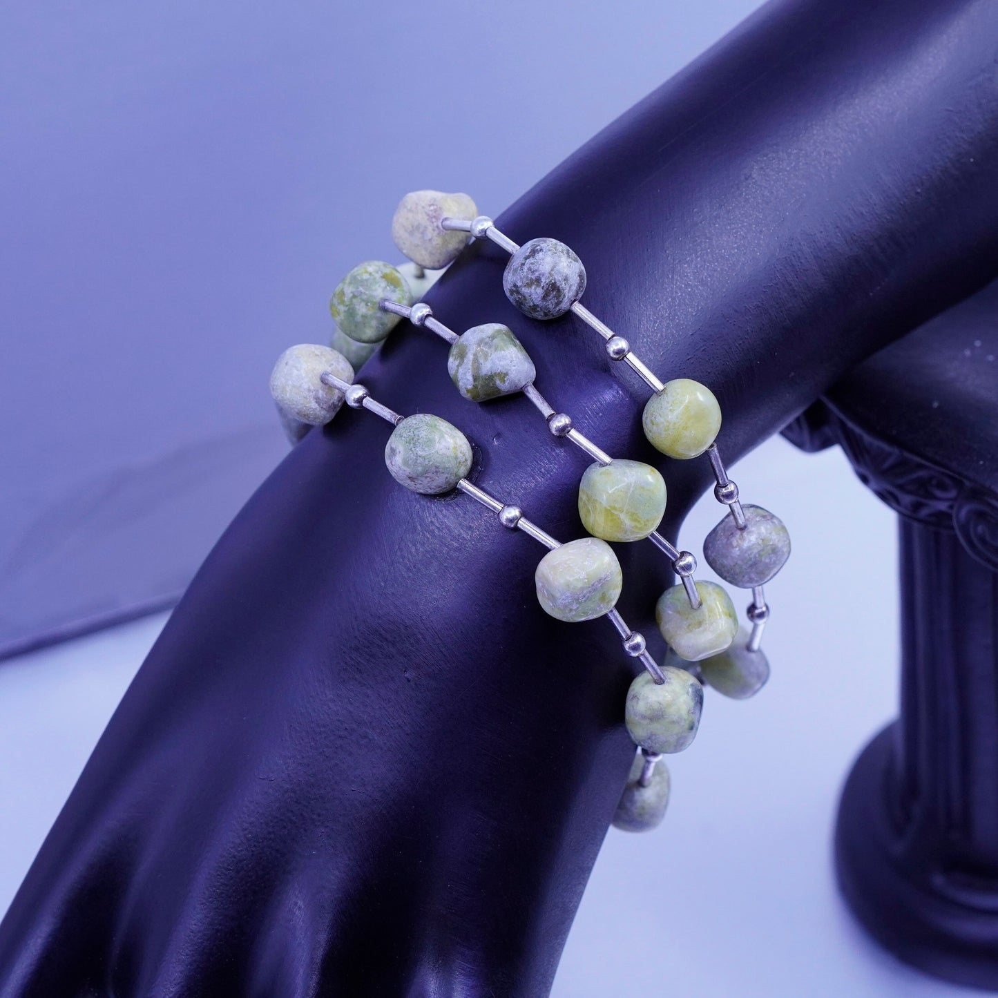 7+1”, vintage Sterling 925 silver handmade bracelet with green jasper beads