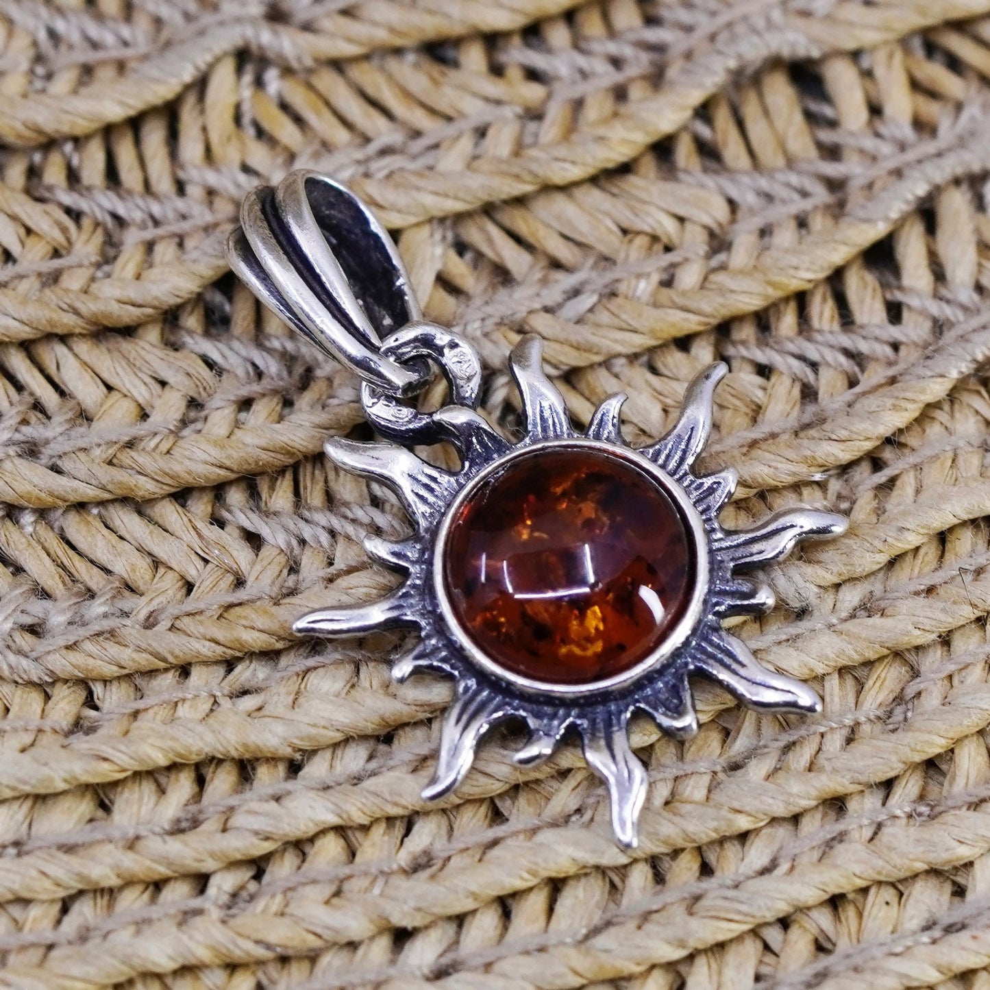 Vintage Sterling 925 silver handmade Sun pendant with Amber