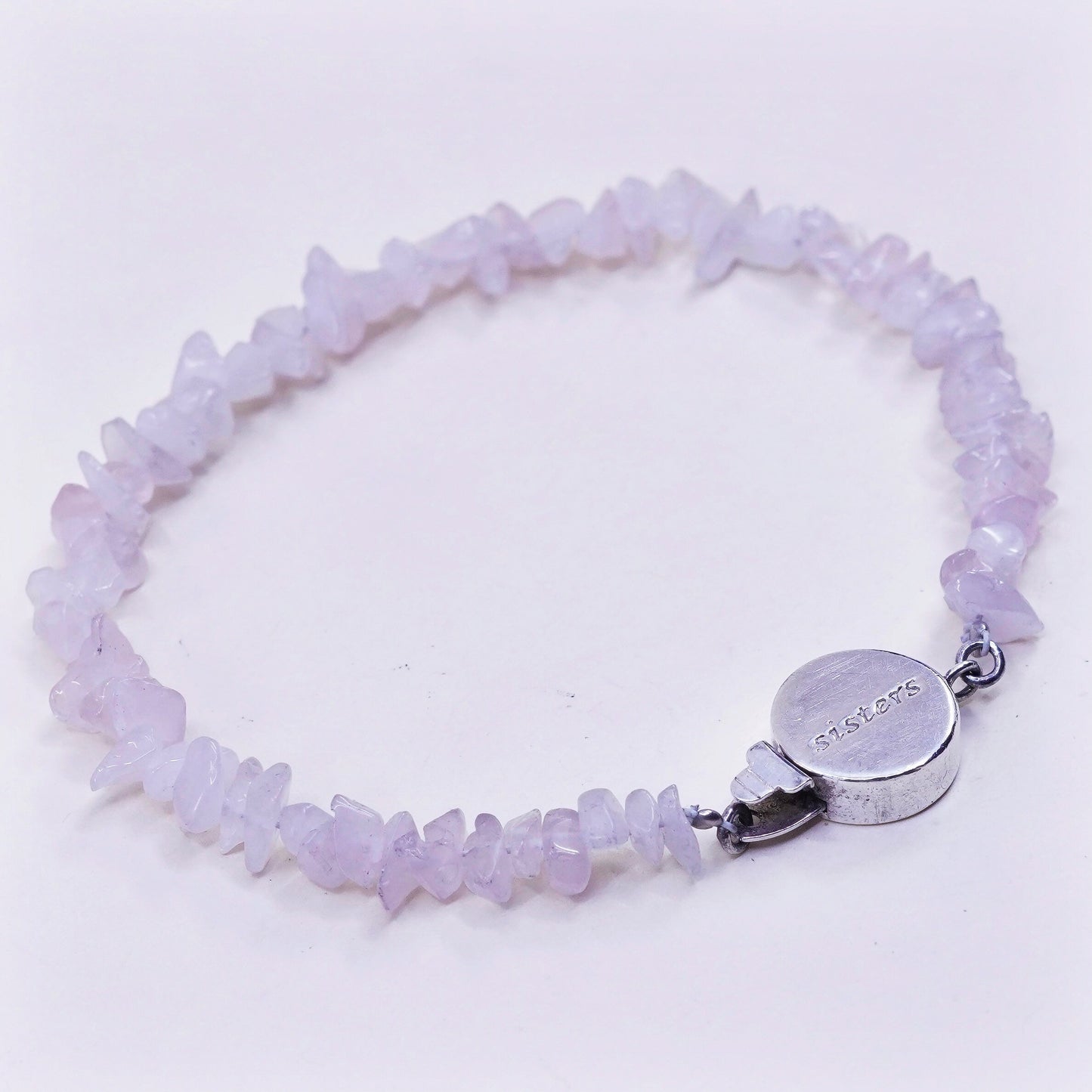 7”, Vintage handmade Sterling 925 silver bracelet, pink rose quartz nuggets