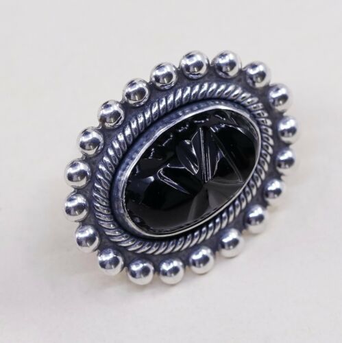 Vtg Sterling 925 Silver Handmade Screw Back Earrings W/ Carved obsidian Warrior