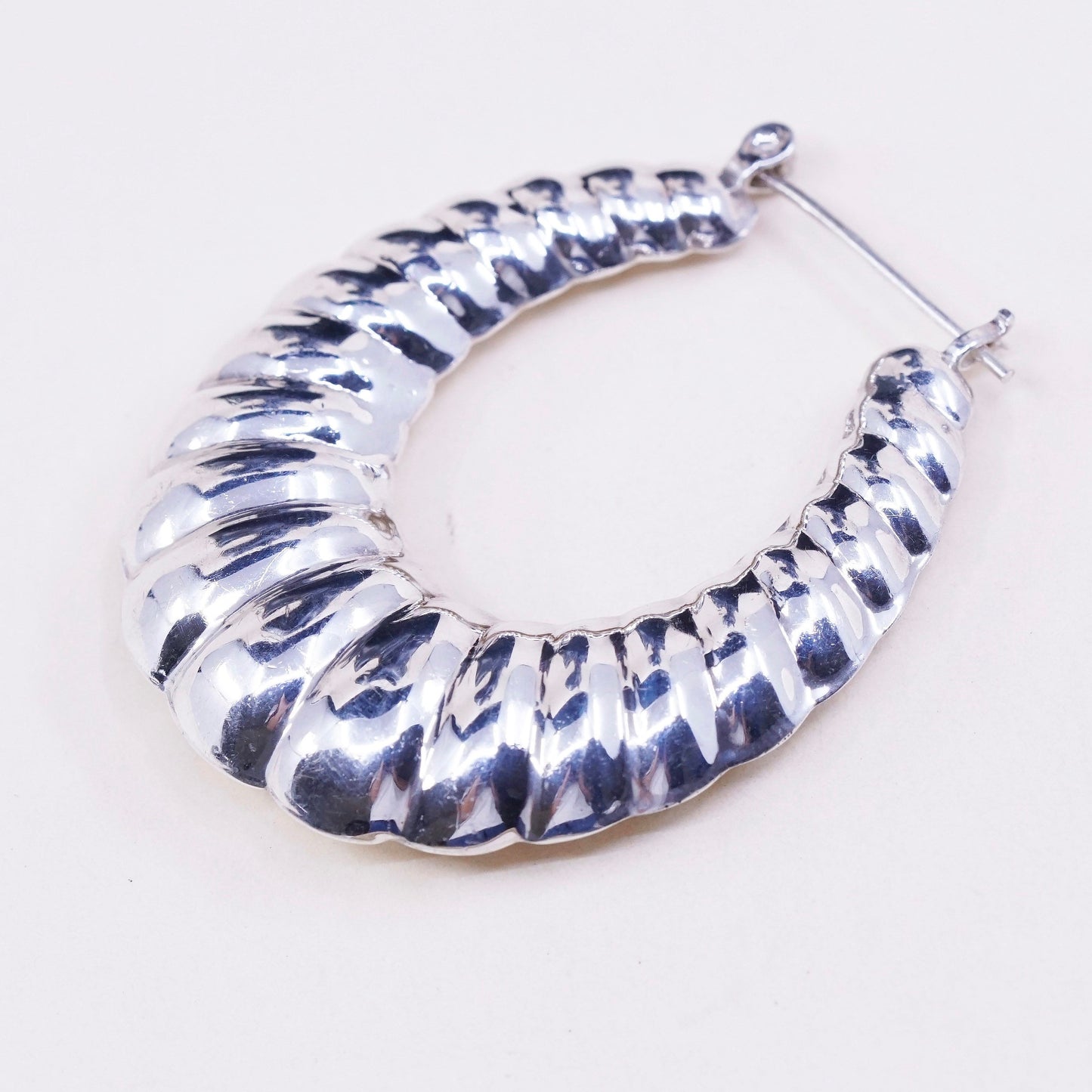 1.75”, vtg sterling silver loop earrings, primitive Ribbed puffy hoops, huggie