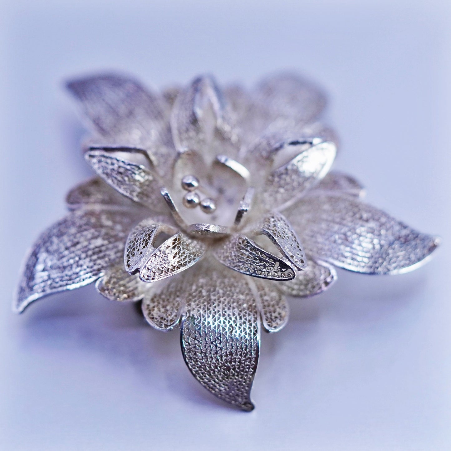 Vintage sterling silver handmade brooch, 925 filigree flower pin