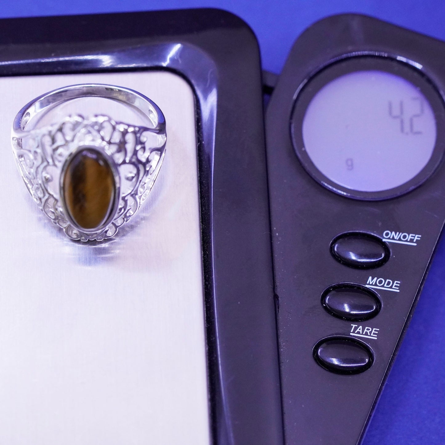 Size 9.25, vintage Sterling 925 silver handmade filigree ring golden tiger eye