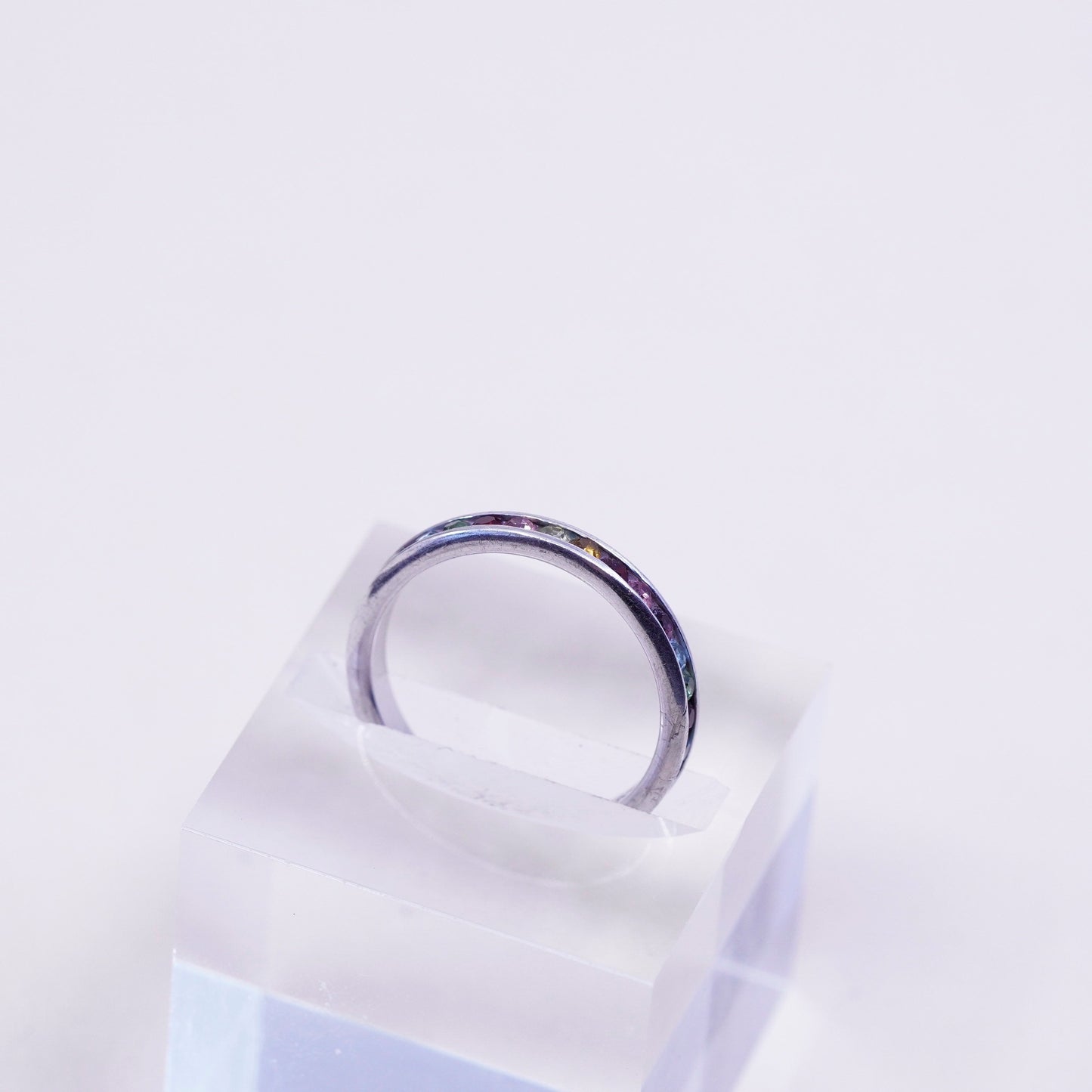 Size 8.25, Sterling 925 silver stackable ring, wedding band with colorful CZ