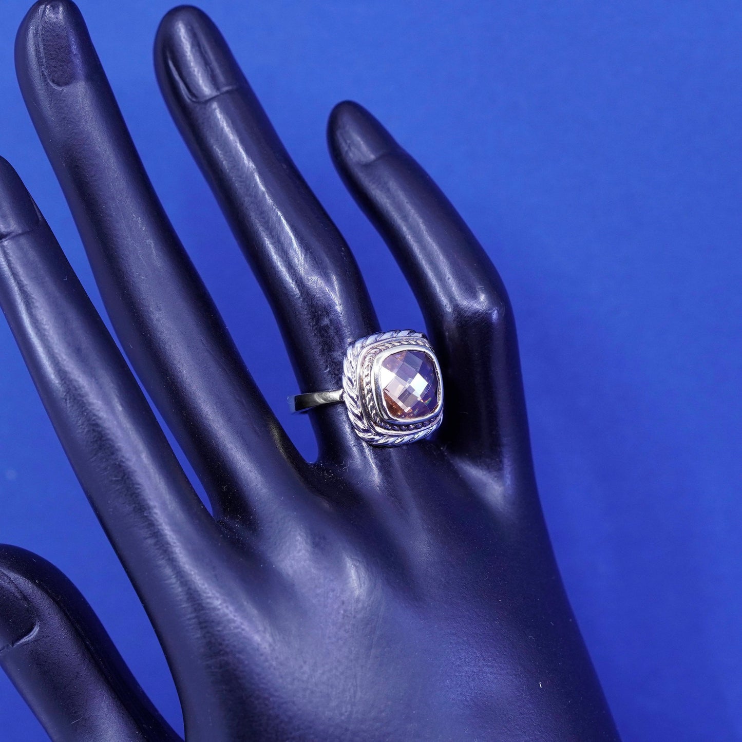 Size 7.25 vintage two tone Sterling 925 silver ring with cushion cut citrine