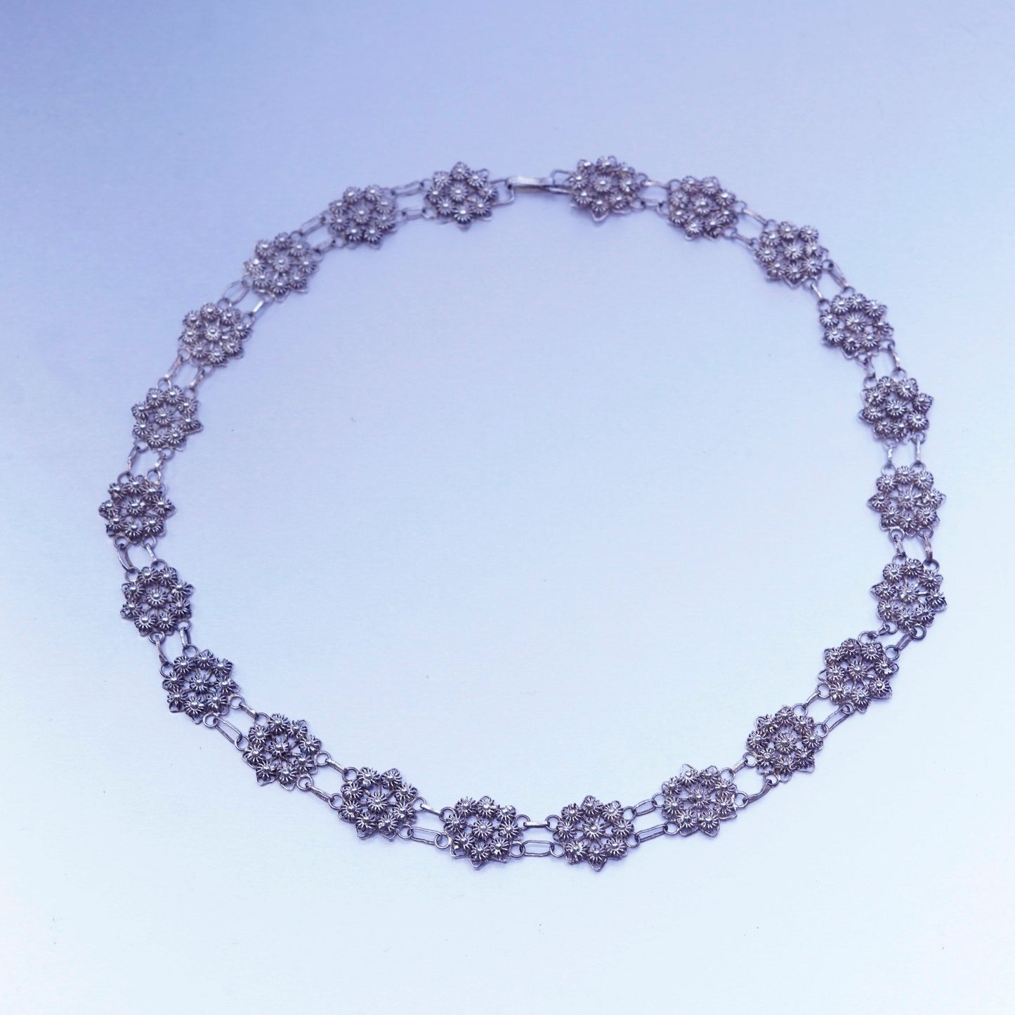 18”, vintage southwestern Sterling 925 silver handmade filigree flower necklace
