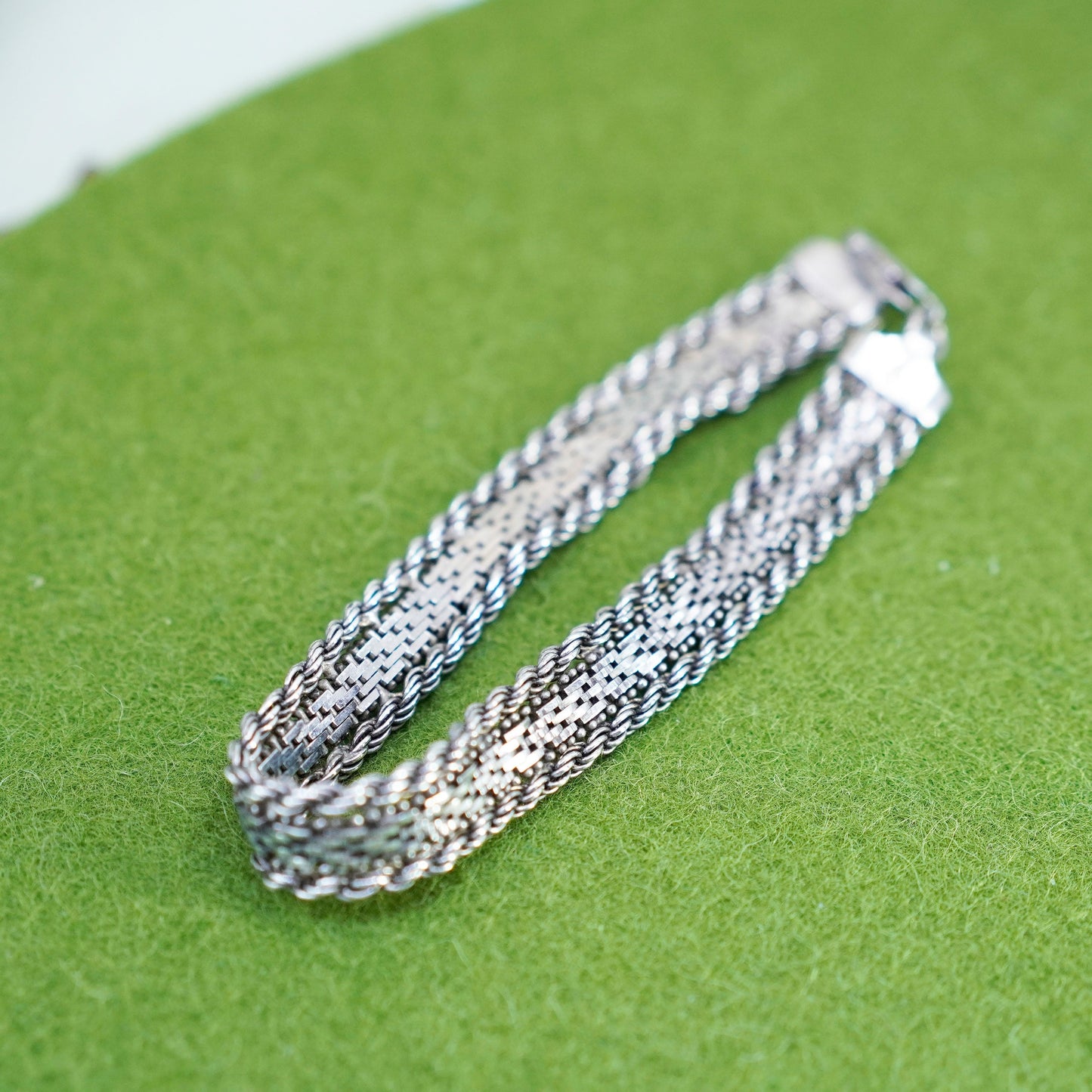 7.25”, vtg sterling 925 silver Italy riccio rope woven braided chain bracelet