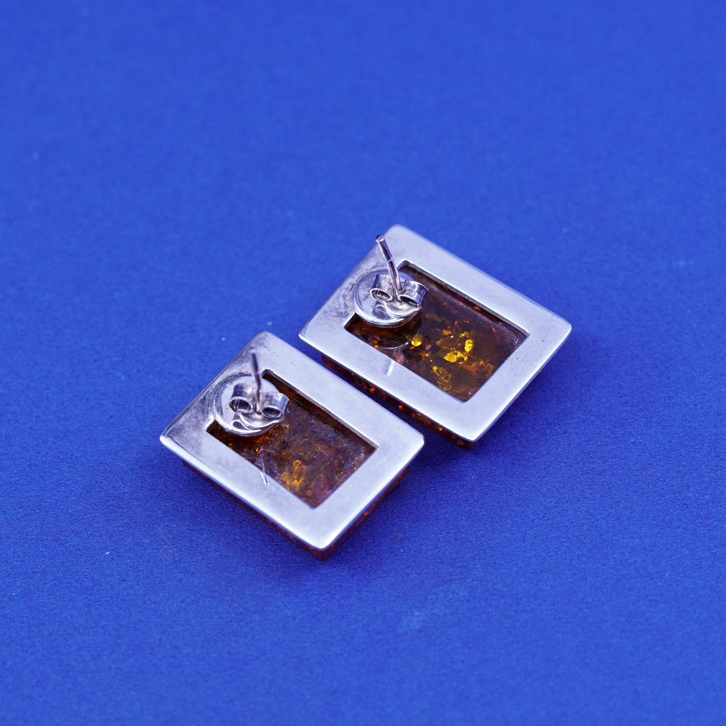 Vintage sterling silver handmade earrings, 925 square studs with amber