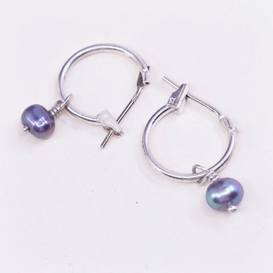 0.5”, vtg sterling 925 silver earrings, minimalist primitive hoops with pearl
