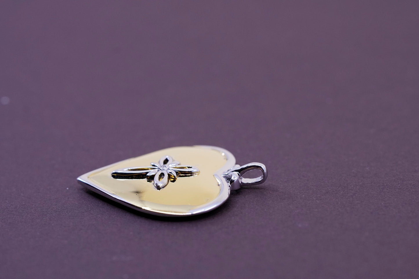 Vintage BGE 18K Gold & 925 sterling Silver Heart Pendant with cross and diamond