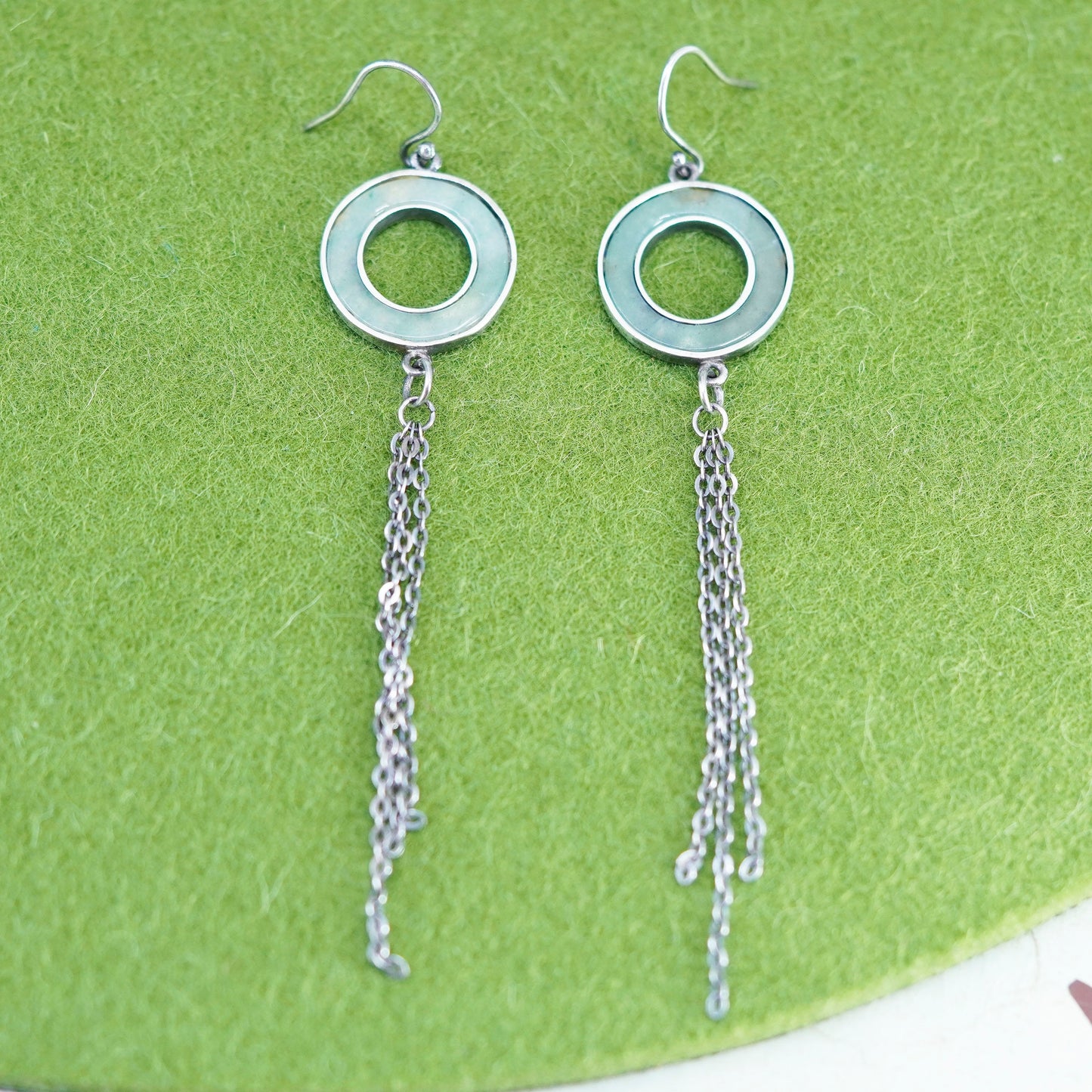 Vintage sterling silver 925 handmade earrings with jade and circle chain fringe