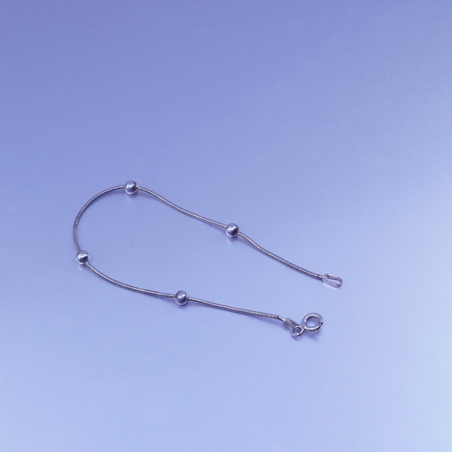 7”, 1mm, Sterling 925 silver handmade bracelet, snake chain with beads
