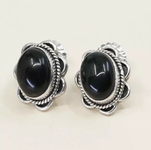 Vintage Sterling Silver Handmade Earrings, 925 Silver Studs W/ Obsidian N Cable