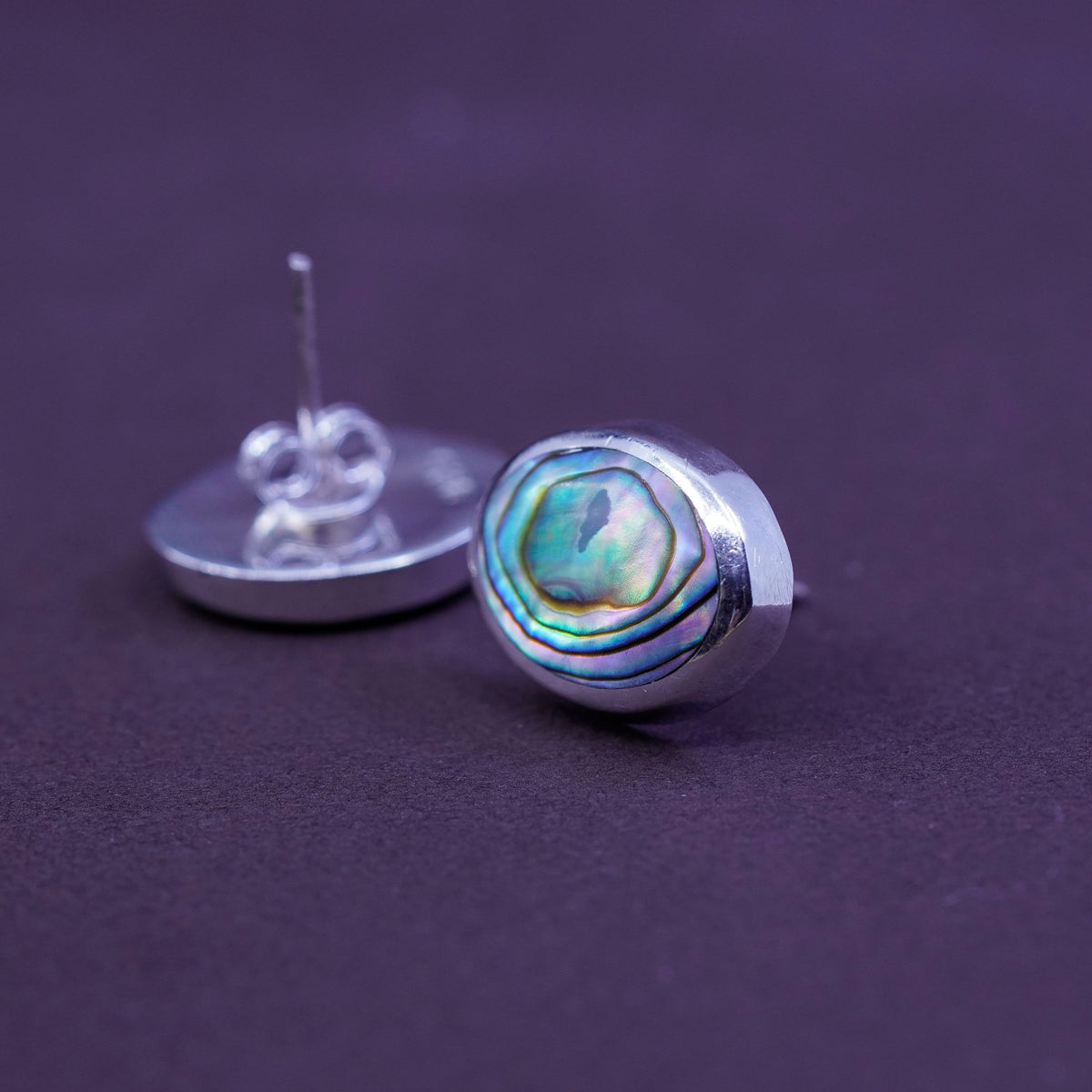 Vintage Sterling Silver Handmade Earrings, oval 925 studs with abalone