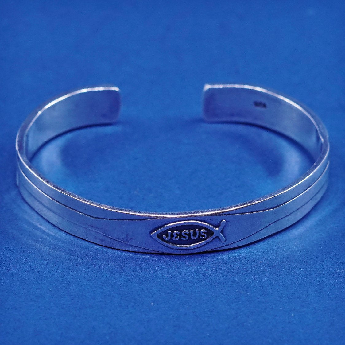 6.5", sterling silver handmade bracelet, Southwestern 925 cuff “Jesus” N fish