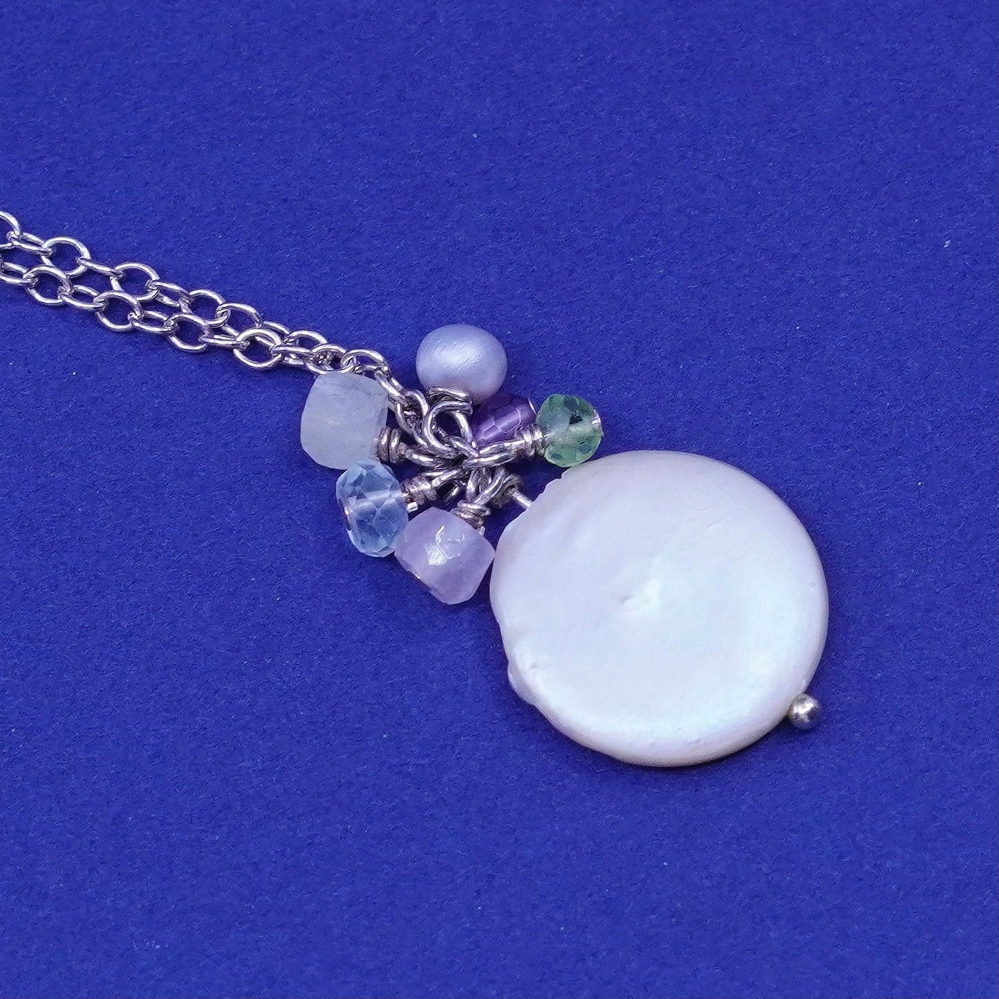 17”, vintage Sterling silver necklace, 925 circle chain with coin pearl pendant