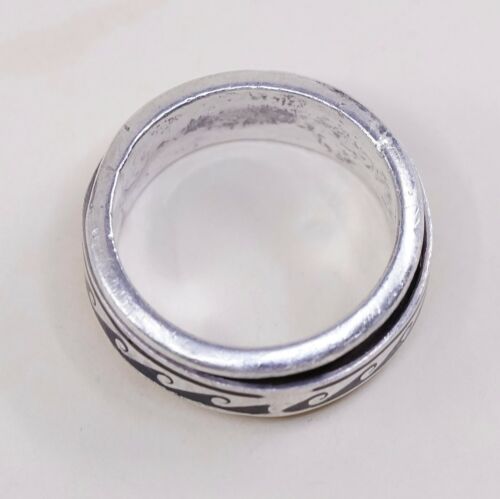 Sz 8.5, Vtg Sterling Silver Handmade Ring, 925 Spinner Band W/ Wavy Pattern