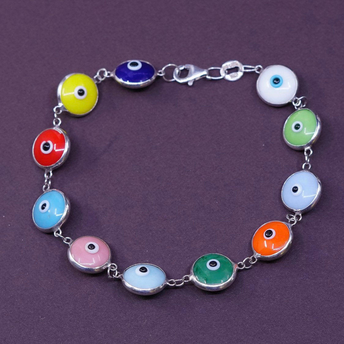 7", vtg sterling silver handmade chain, 925 evil eye bracelet, stamped 925