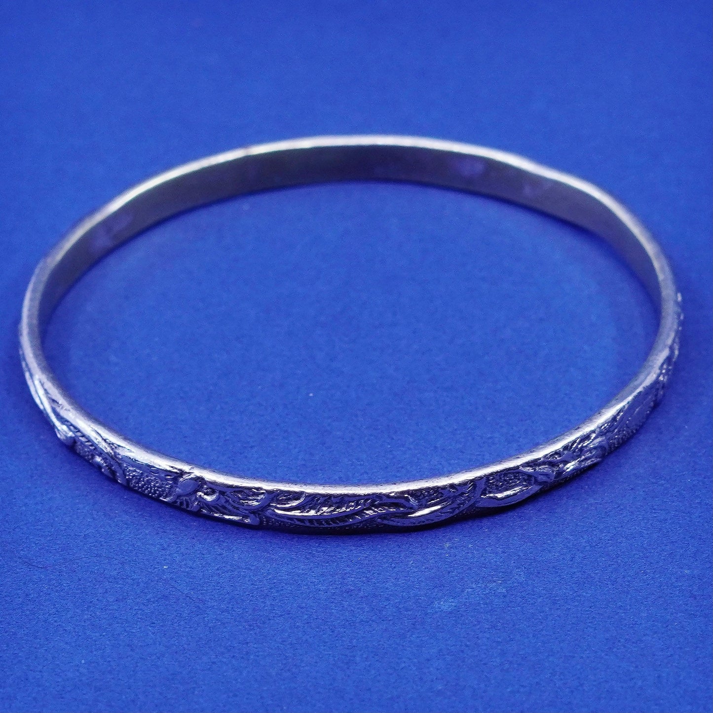 8“, vintage sterling silver handmade bracelet, 925 flower textured bangle