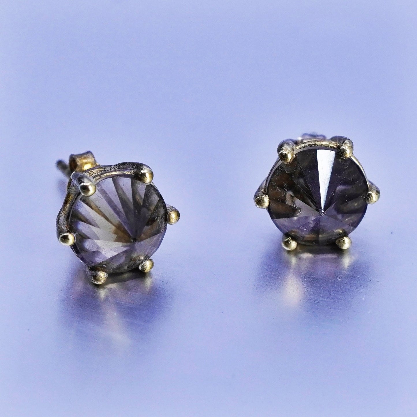 Vintage vermeil gold over Sterling 925 silver earrings, crown studs smoky topaz