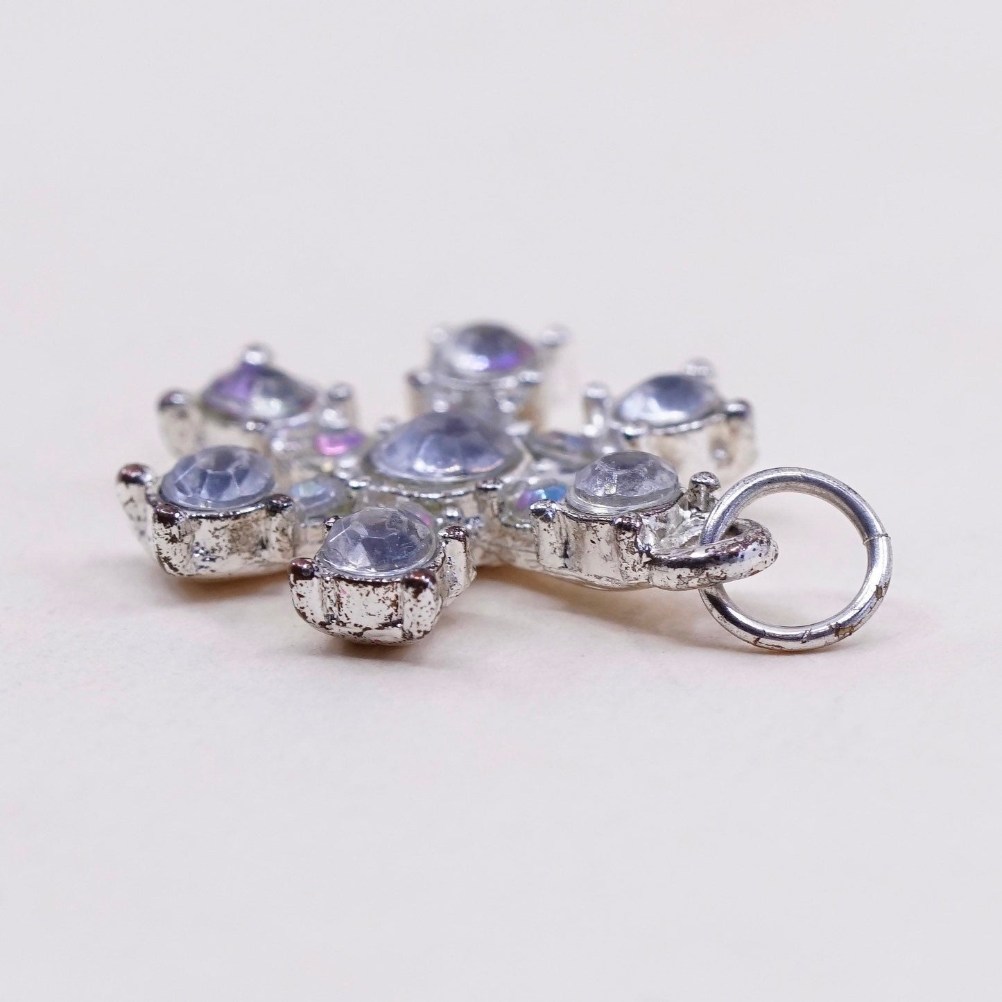 Vintage silver tone snowflake pendant charm with Cz
