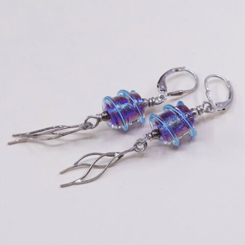 Vintage simple handmade Sterling 925 Silver Earrings w/ Blue Foiled Glass