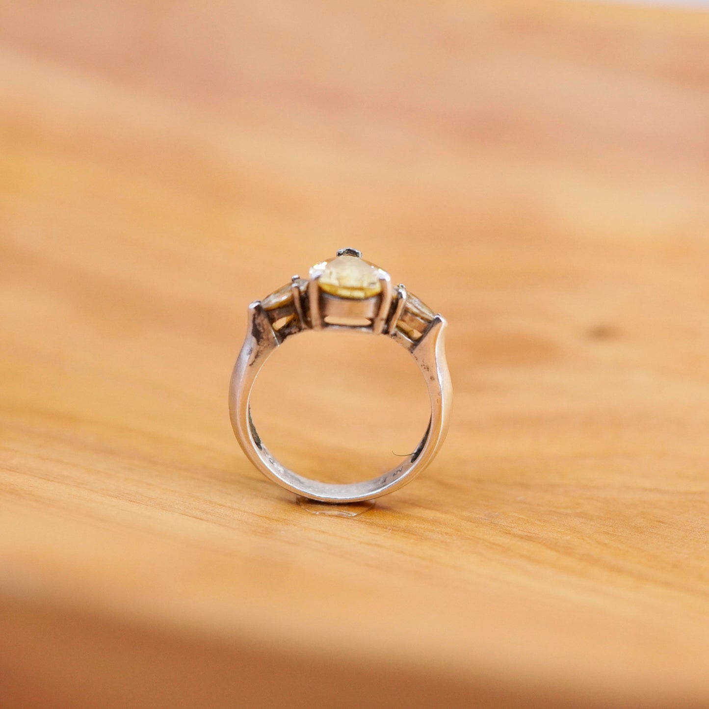 Size 8, vintage Sterling 925 silver handmade ring with teardrop citrine and cz