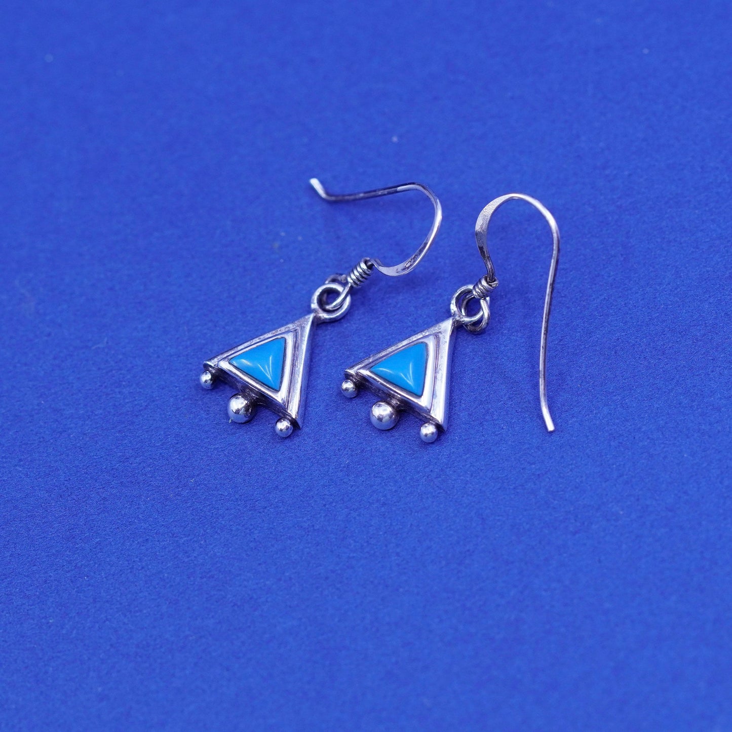 southwestern sterling 925 silver handmade triangular earrings with blue onyx