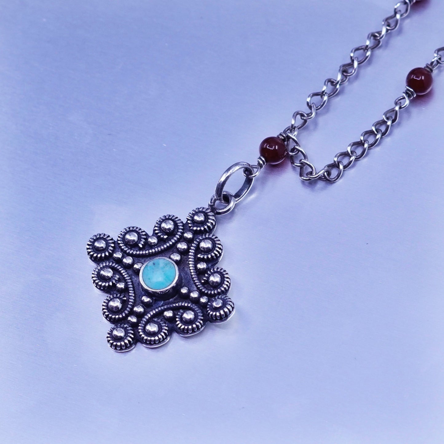 16+2”, native American Sterling 925 silver necklace garnet turquoise pendant