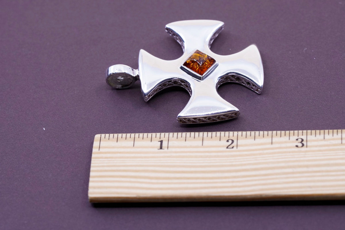 vtg ESPO Sterling silver pendant, 925 Jerusalem cross with filigree and amber