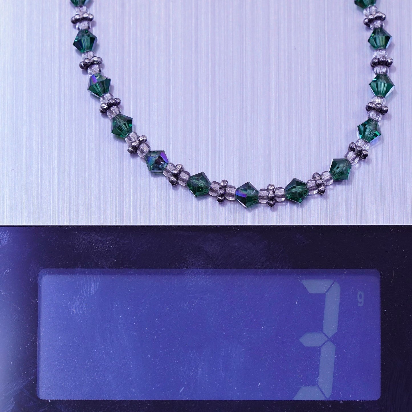 7”, vintage Sterling silver handmade bracelet, 925 beads green crystal beads