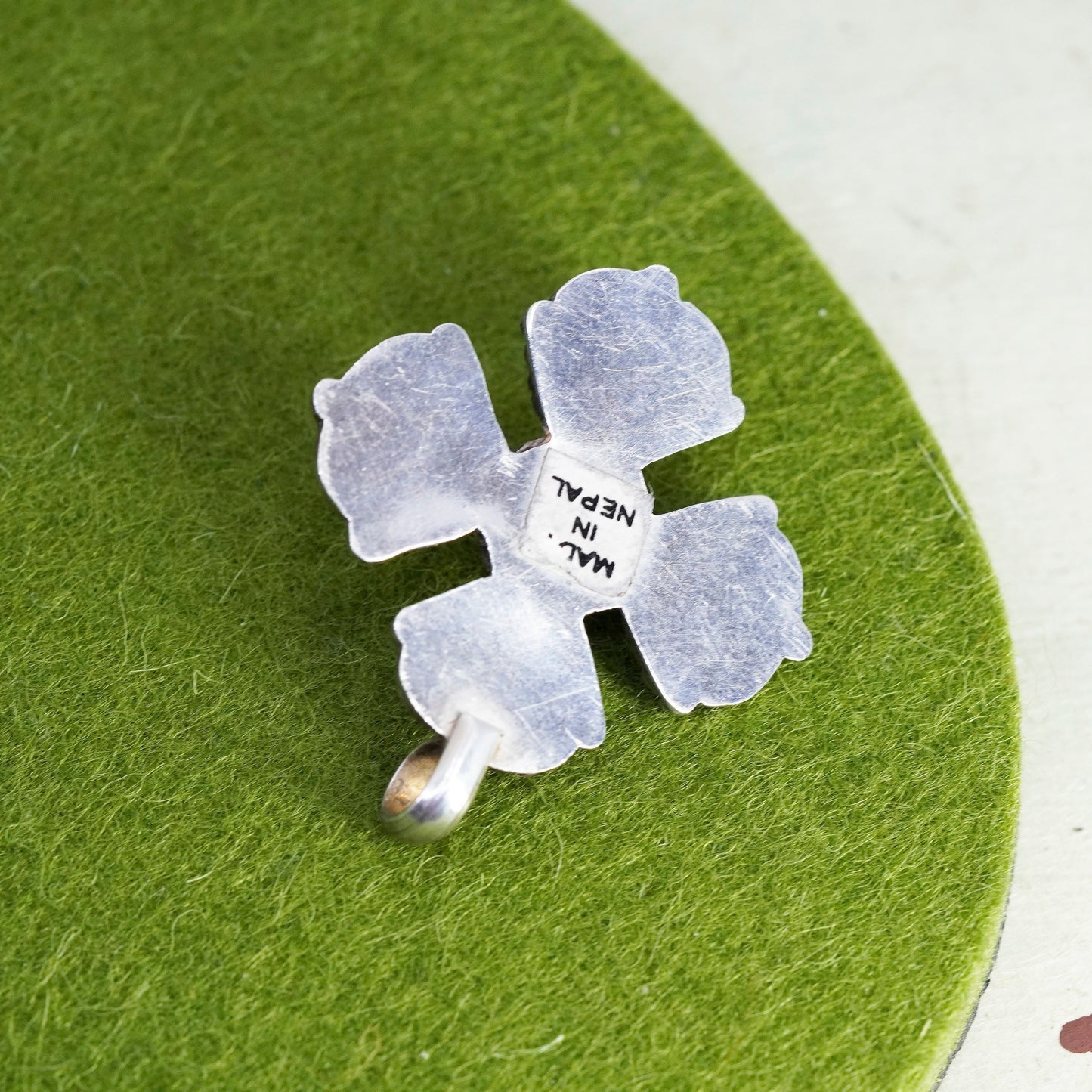 Vintage Nepal Sterling silver handmade charm, 925 Jerusalem cross pendant onyx