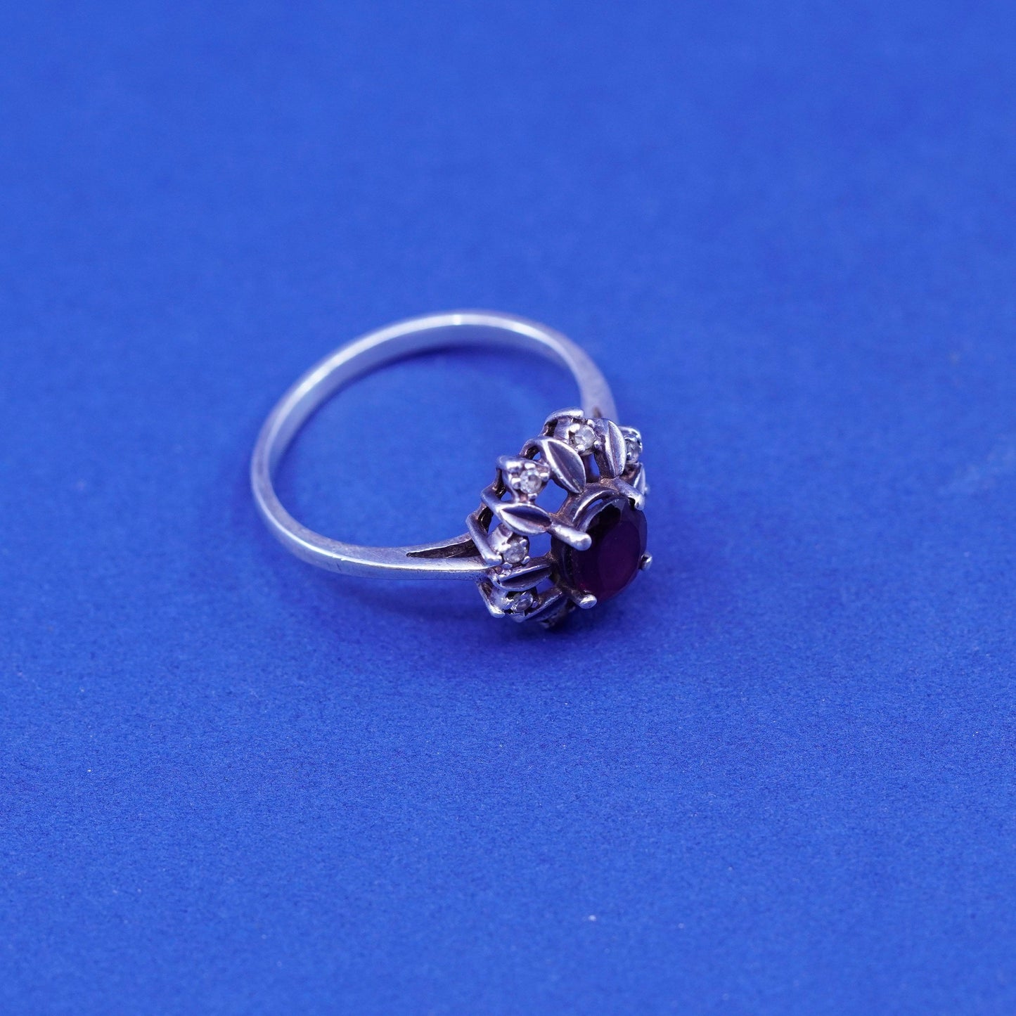 Size 10.75, vintage Sterling 925 silver handmade flower ring with Ruby and cz