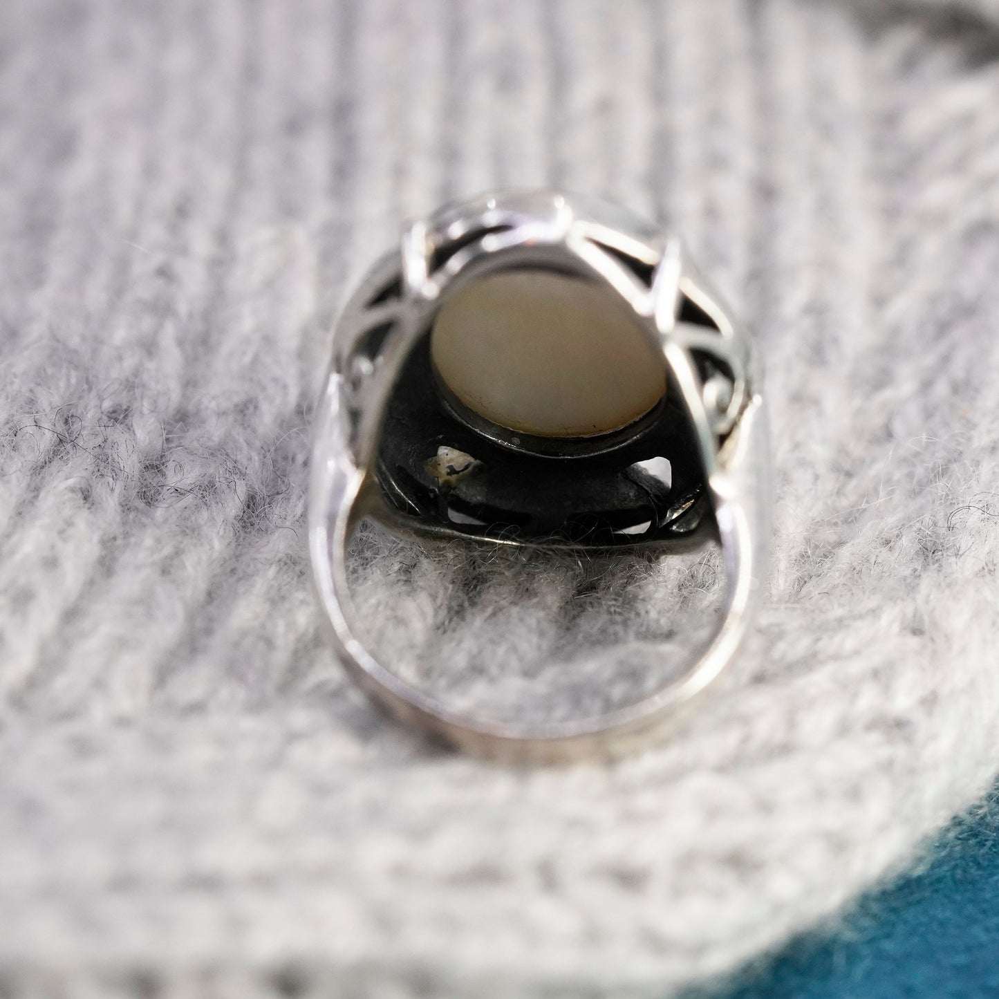 Size 6.5, sterling 925 silver handmade ring with mother of pearl and marcasite