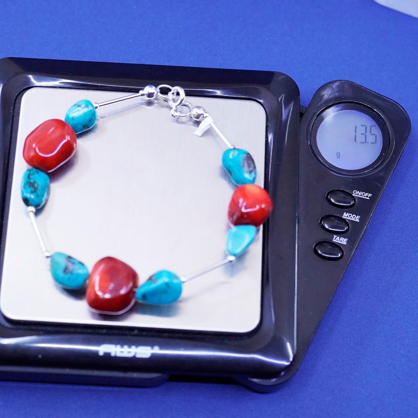 7”, sterling 925 silver handmade bracelet with turquoise and coral beads