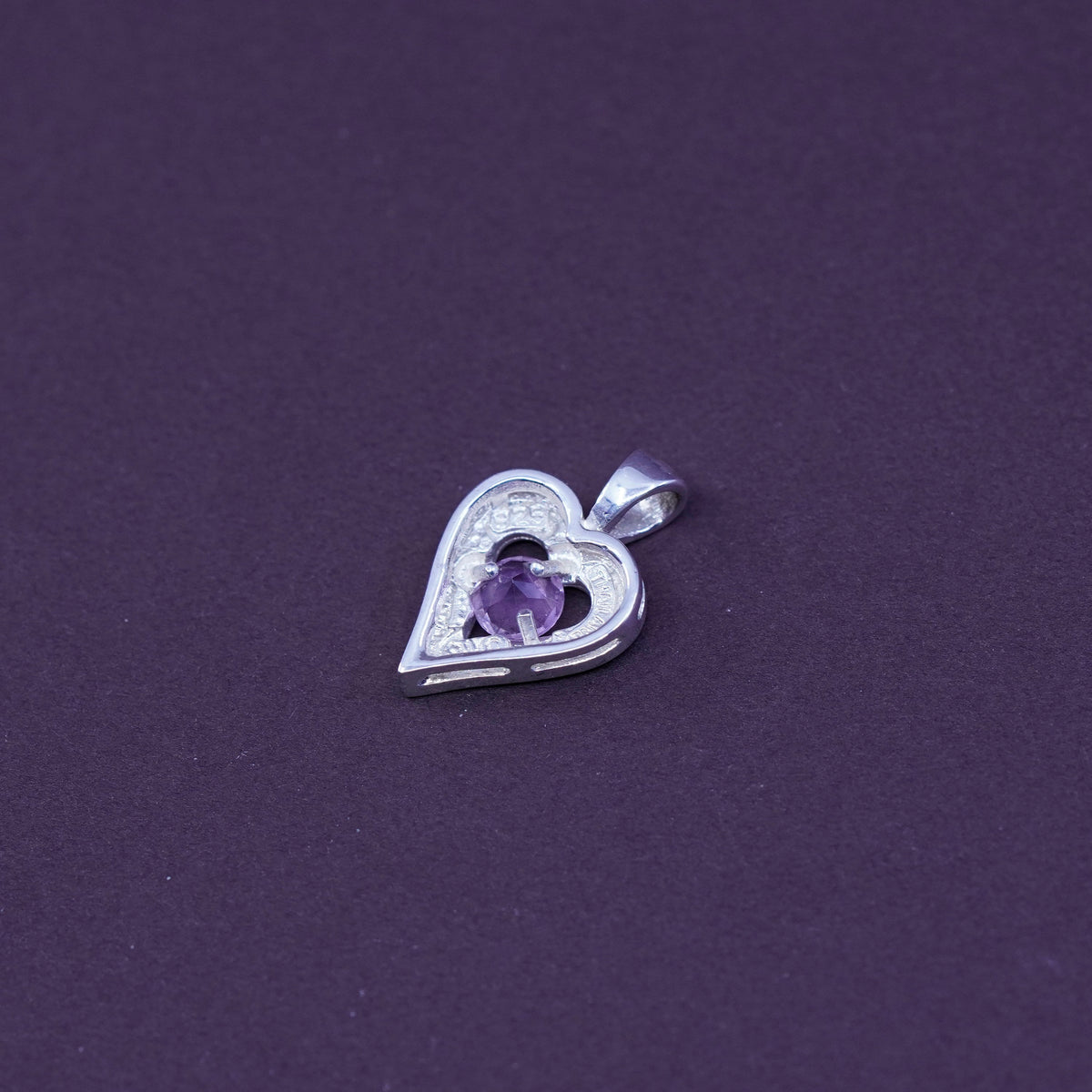 Vintage Sterling silver handmade pendant, 925 heart with amethyst