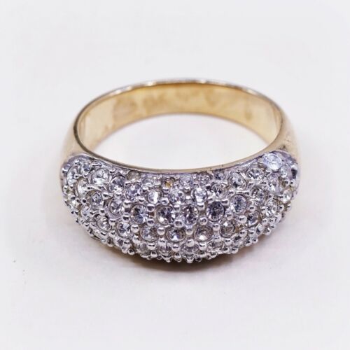 Sz 7.5, Vtg Vermeil Gold Sterling silver Statement ring, 925 W/ Cluster Cz Inlay