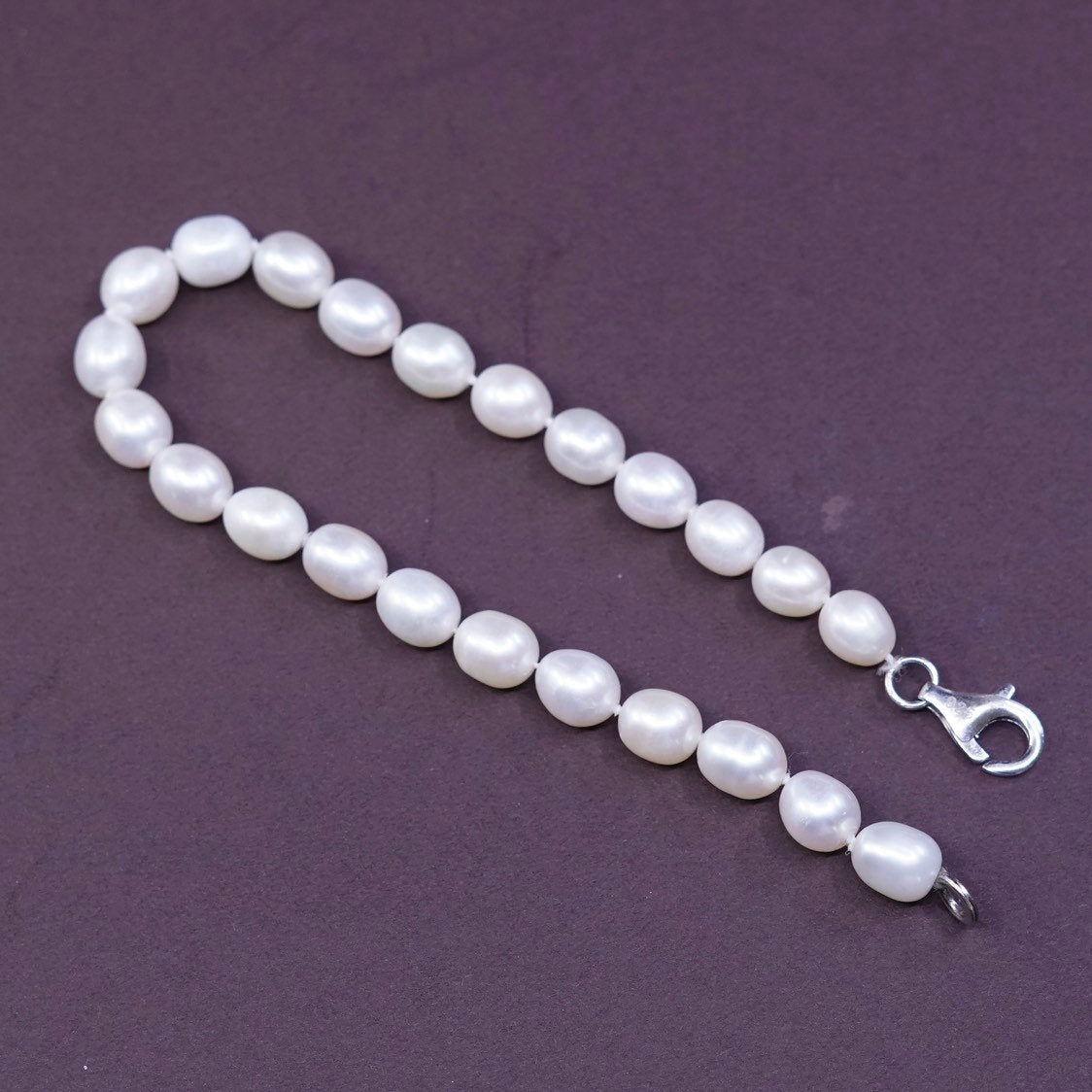 7.75”, vtg Sterling silver handmade bracelet, pearl beads chain w/ 925 clasp