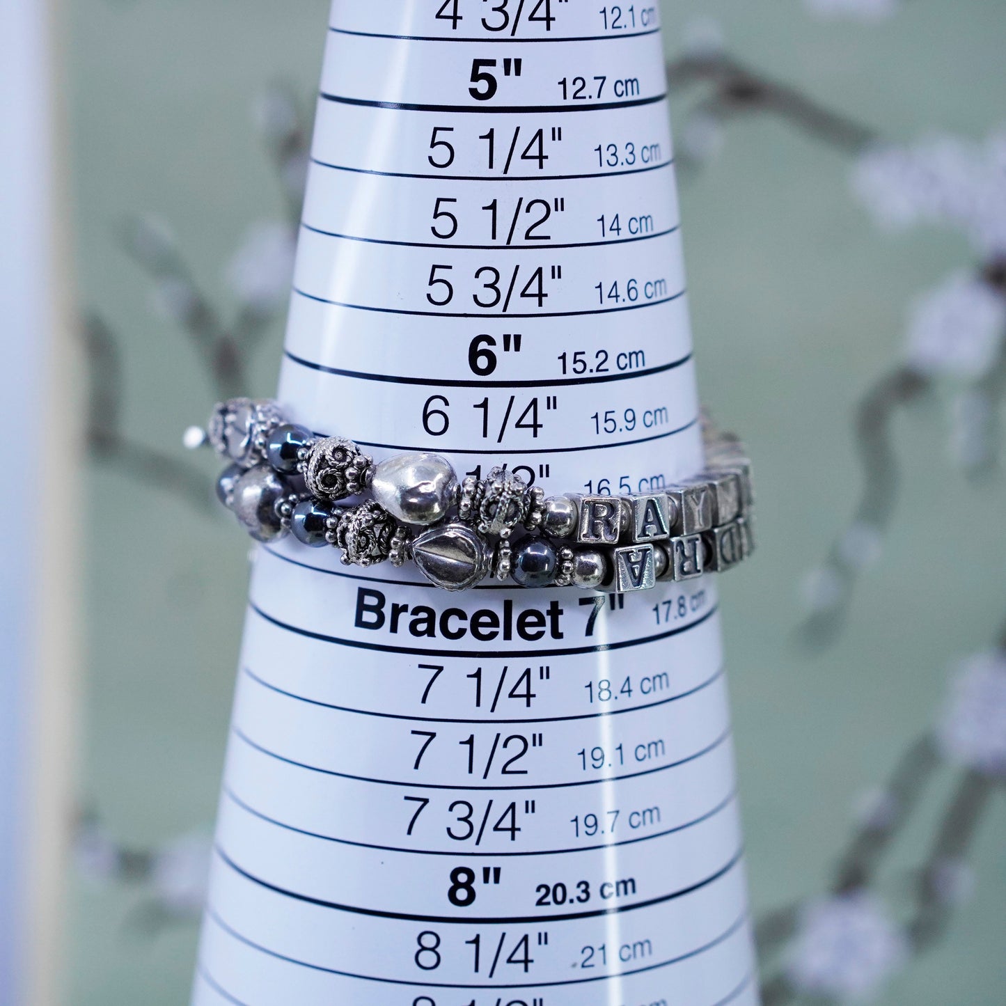 6.75”, Sterling 925 Silver hematite beads bracelet names “Raymond Sandra” cubes