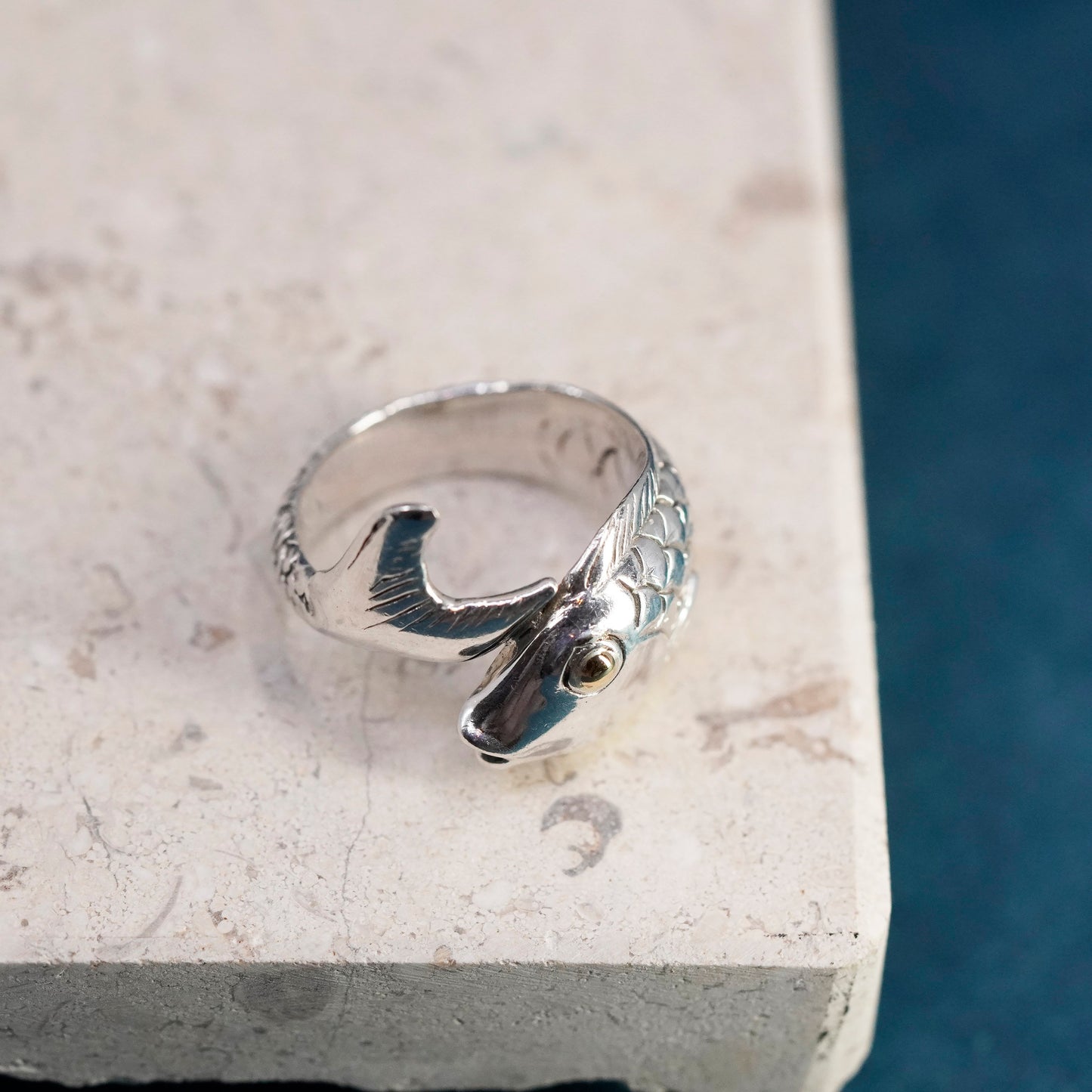 Size 7, vintage Samuel B. Sterling 925 Silver 18k Yellow Gold Fish band Ring