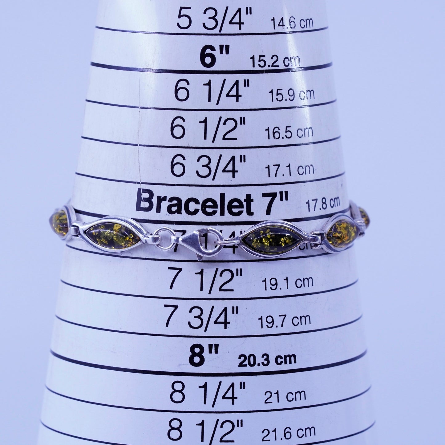 7.25”, Vintage Sterling 925 silver handmade tennis bracelet chain with amber