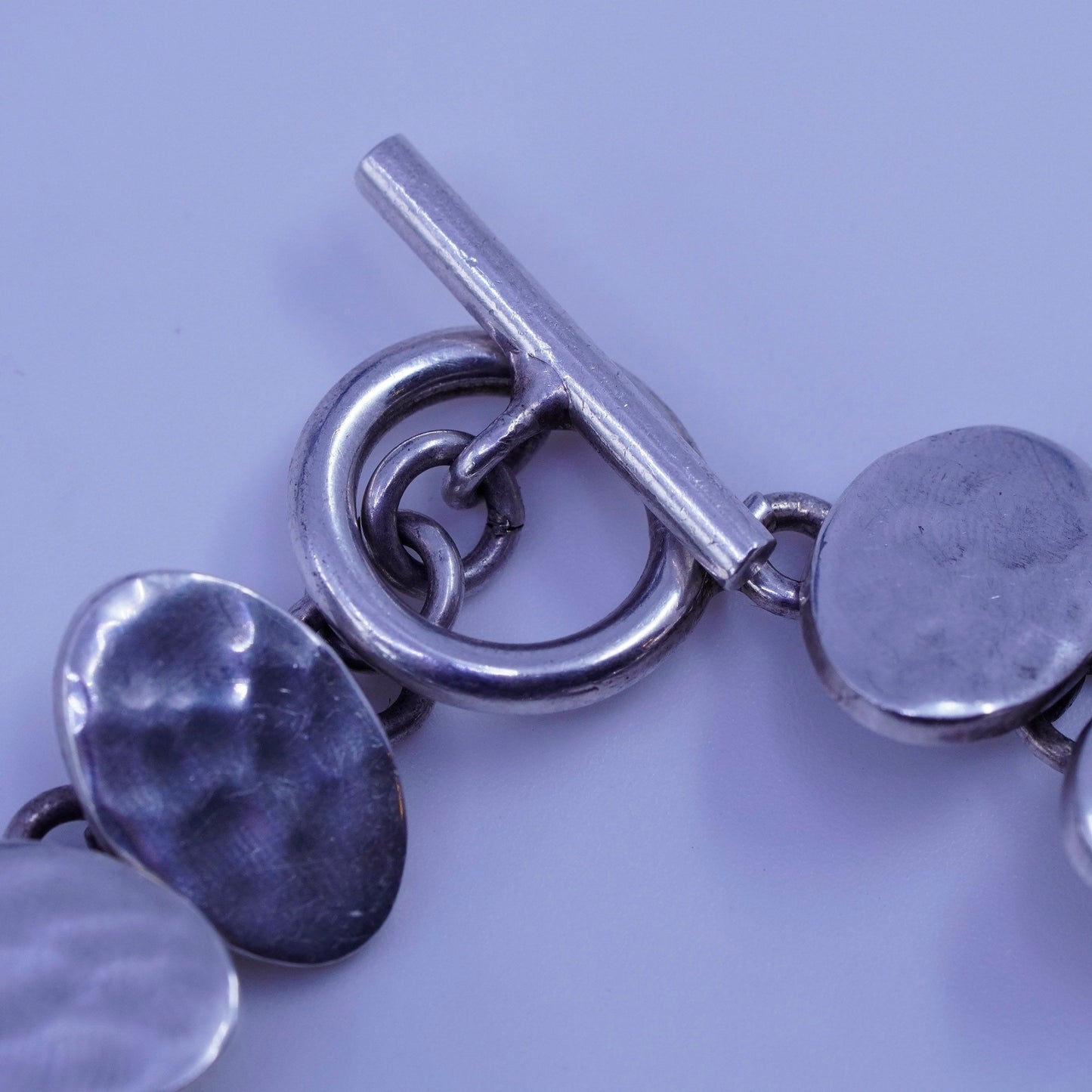 7.5”, vintage Sterling 925 silver handmade bracelet, hammered oval link chain