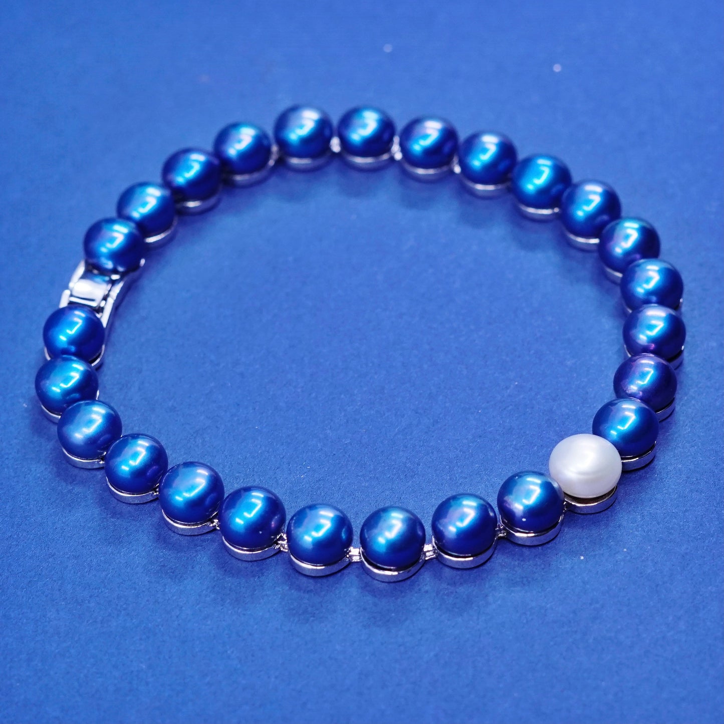 8”, sterling 925 silver handmade tennis bracelet, genuine blue freshwater pearl